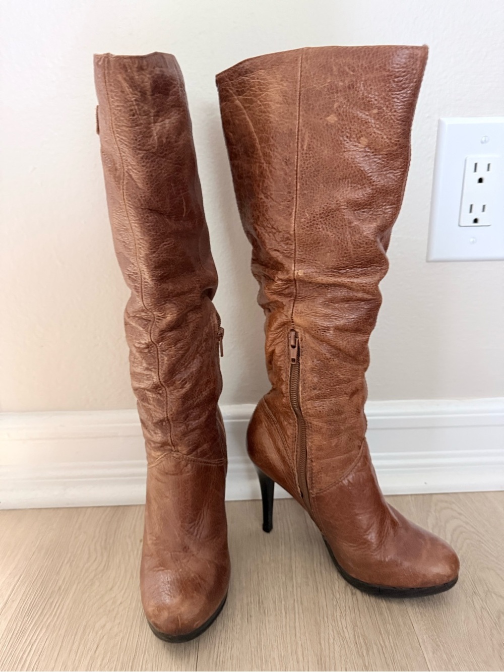 Cathy Jean Cognac Leather Knee-High Stiletto Boots Y2K Sz 6